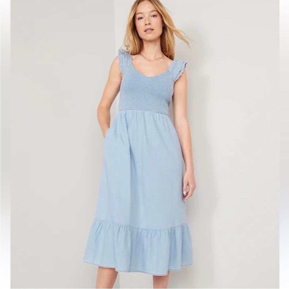 Chambray Smocked Sleeveless Dress